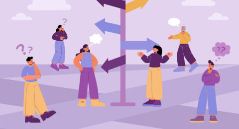 Pensive people on crossroad with direction sign