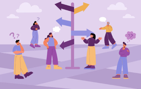 Pensive people on crossroad with direction sign